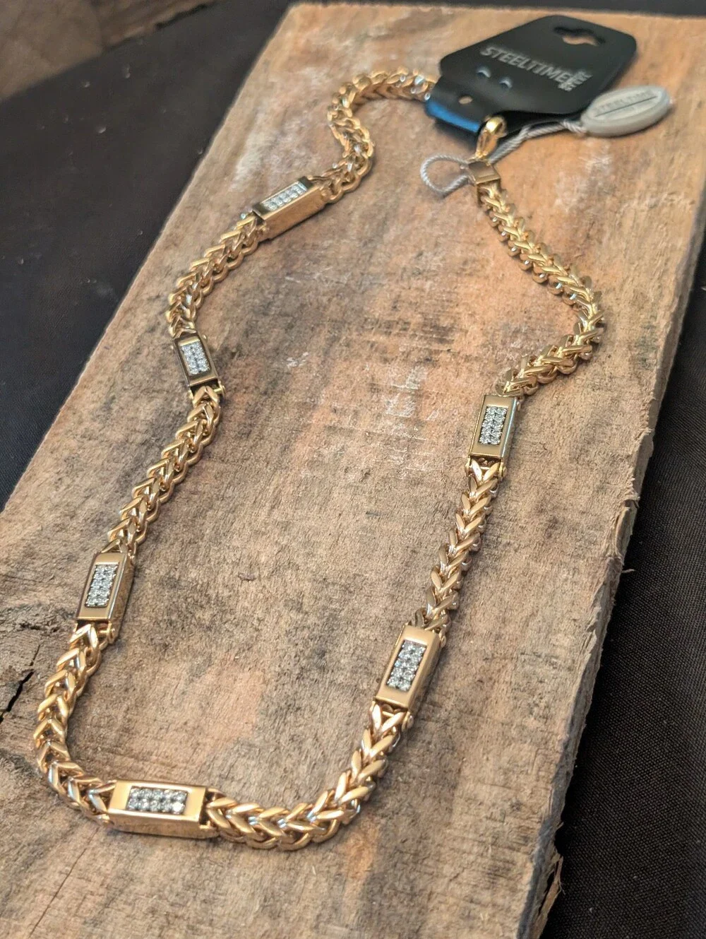 STEELTIMEMen's 18k Gold Plated Stainless Steel Wheat Chain and Simulated Diamond